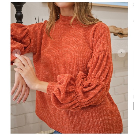 13 Boho Mock Neck Shirring Balloon Sleeve Knit Top - Picture 7 of 7